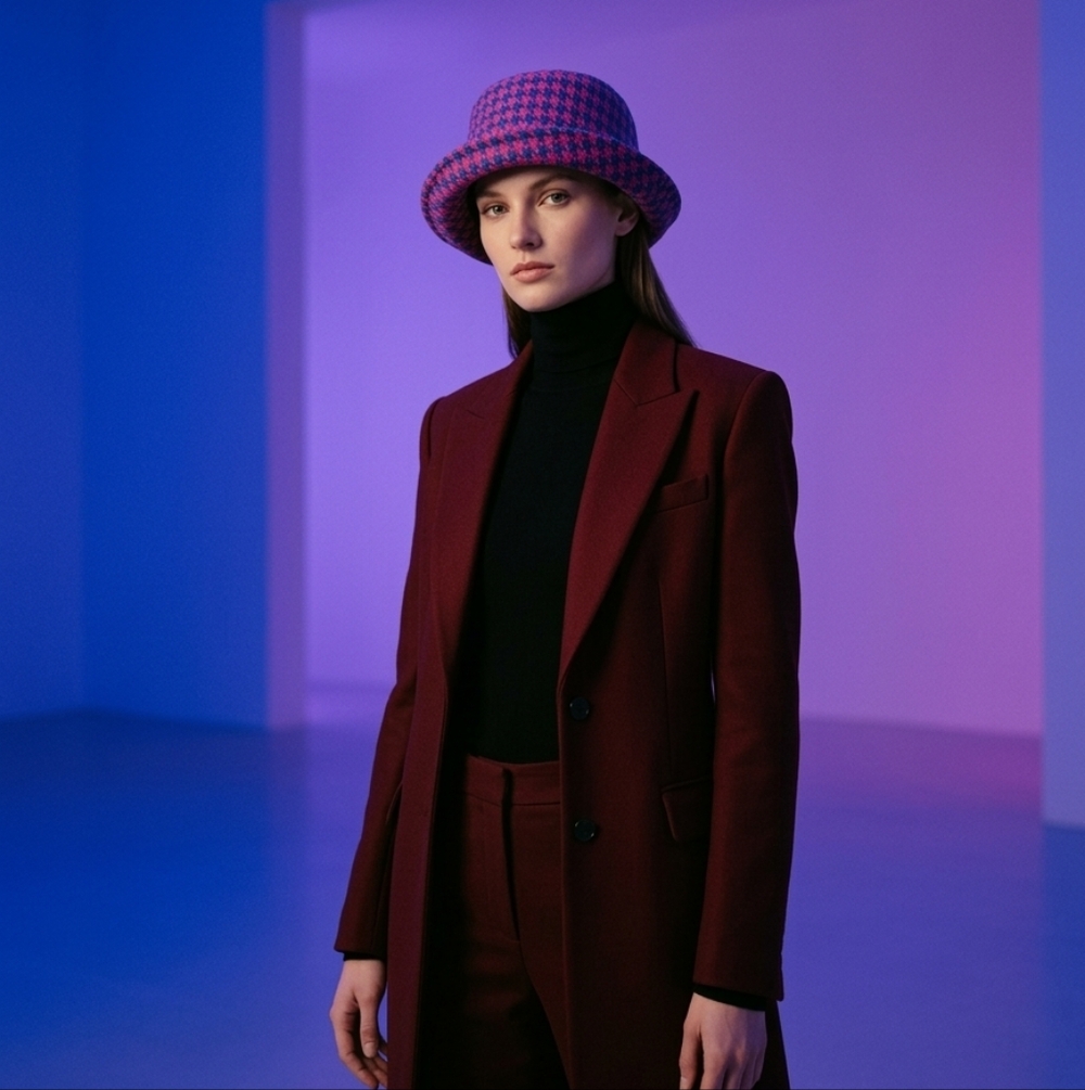 Pink and Blue Houndstooth Hat Wool Blend